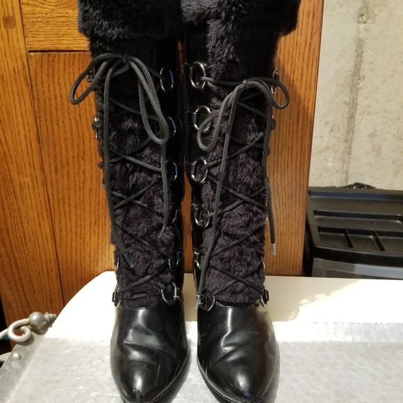 Delicious Tall Black Faux Fur Stiletto Boots - Picture 4 of 8